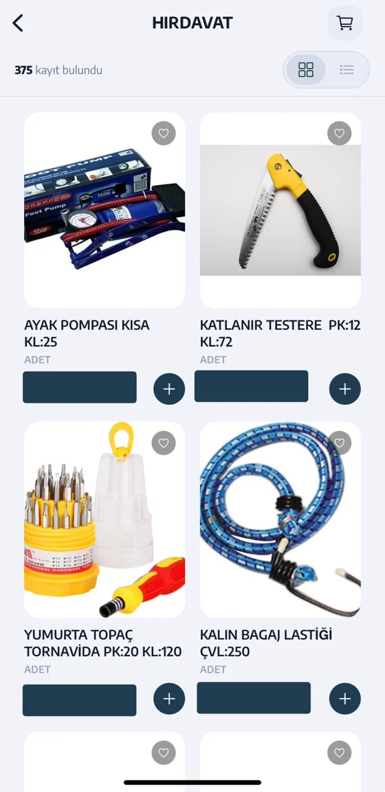Dalyan Hırdavat katalog ekranı: hırdavat kategorisinde ürün kartları, adet girişi ve sepete ekleme