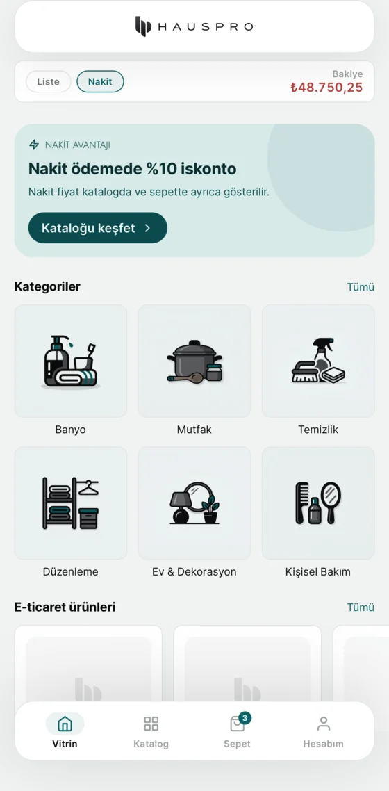 Hauspro vitrin ekranı: bakiye özeti, nakit iskonto duyurusu ve kategori kartları